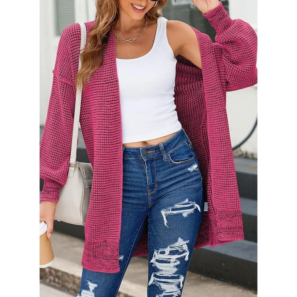 2025 Fall Women's Long Sleeve Cardigan - Plush Open Front Chunky Sweater - Picture 2 of 5